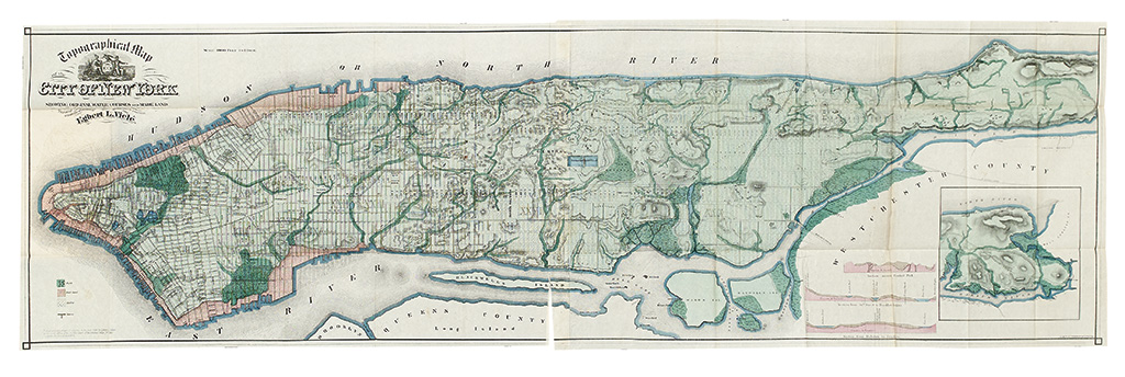 (NEW YORK CITY.) Vielé, Egbert. Topographical Map of the City of New York Showing Original Water Courses and Made Land.